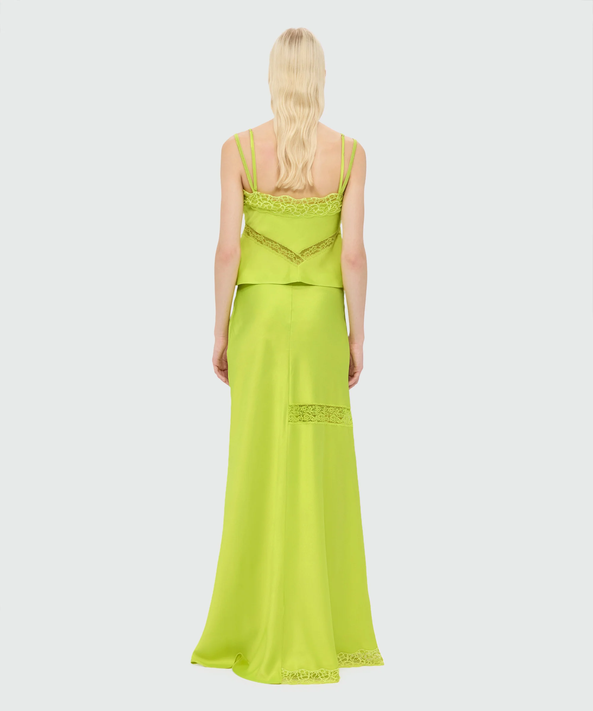Lime long satin skirt with flared hem and lace inserts - Image 3