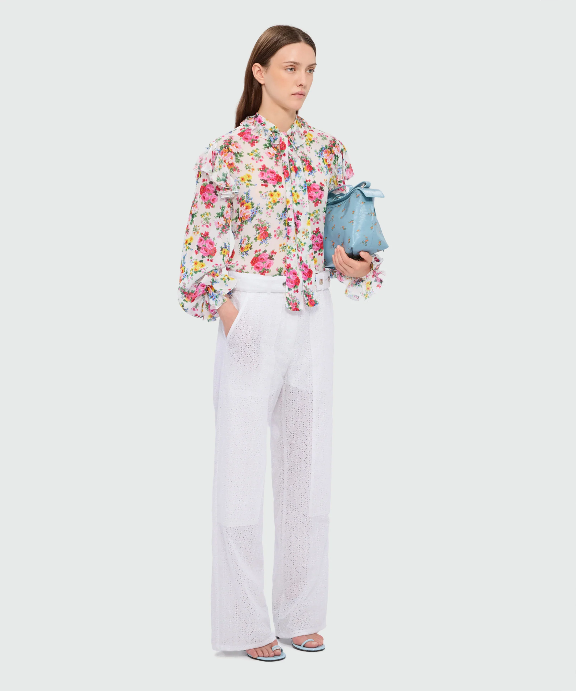 Off-white poplin wide-leg trousers with Sangallo embroidery and maxi front patch pockets - Image 4
