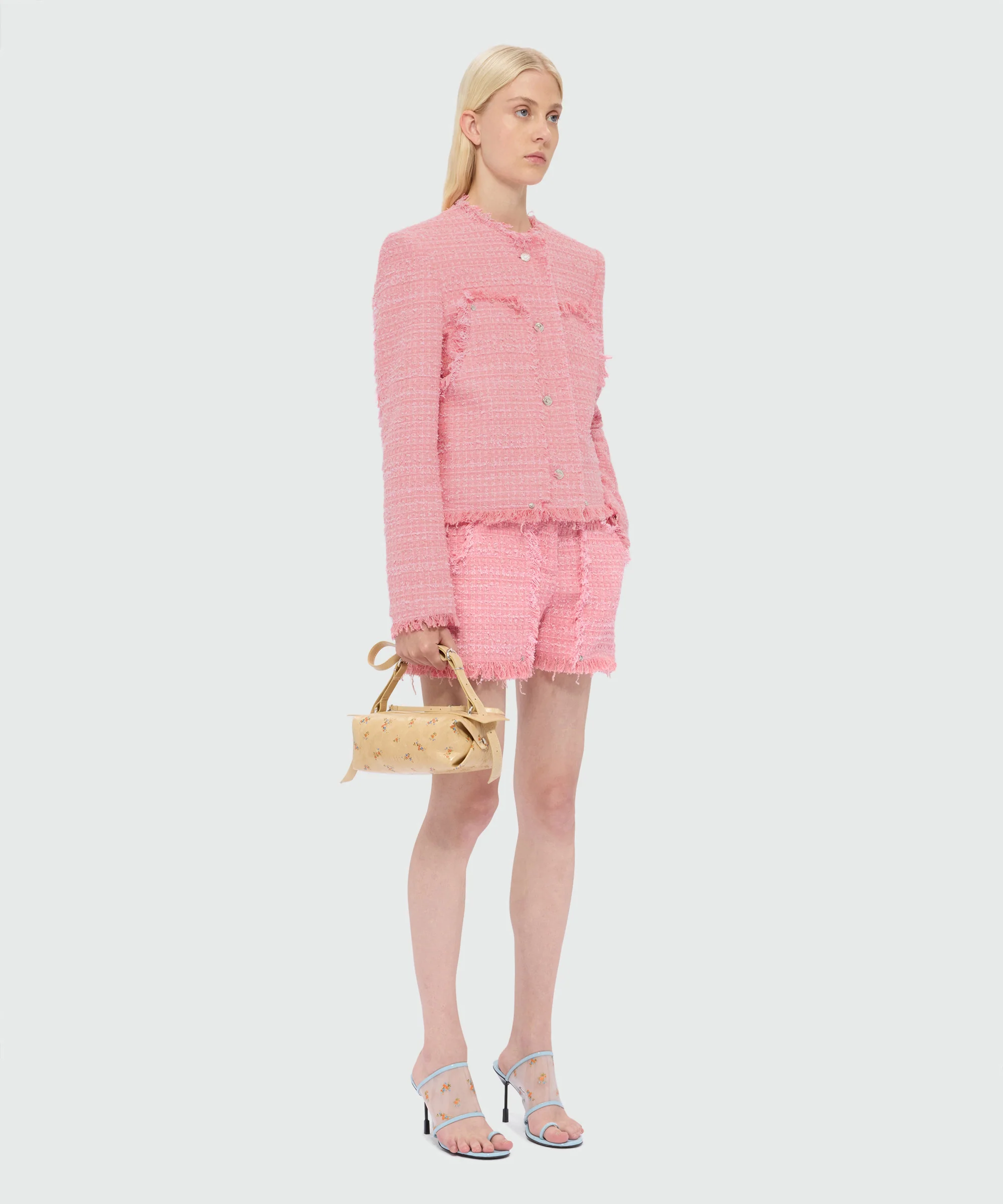 Pink single-breasted boucle tweed-effect jacket - Image 4